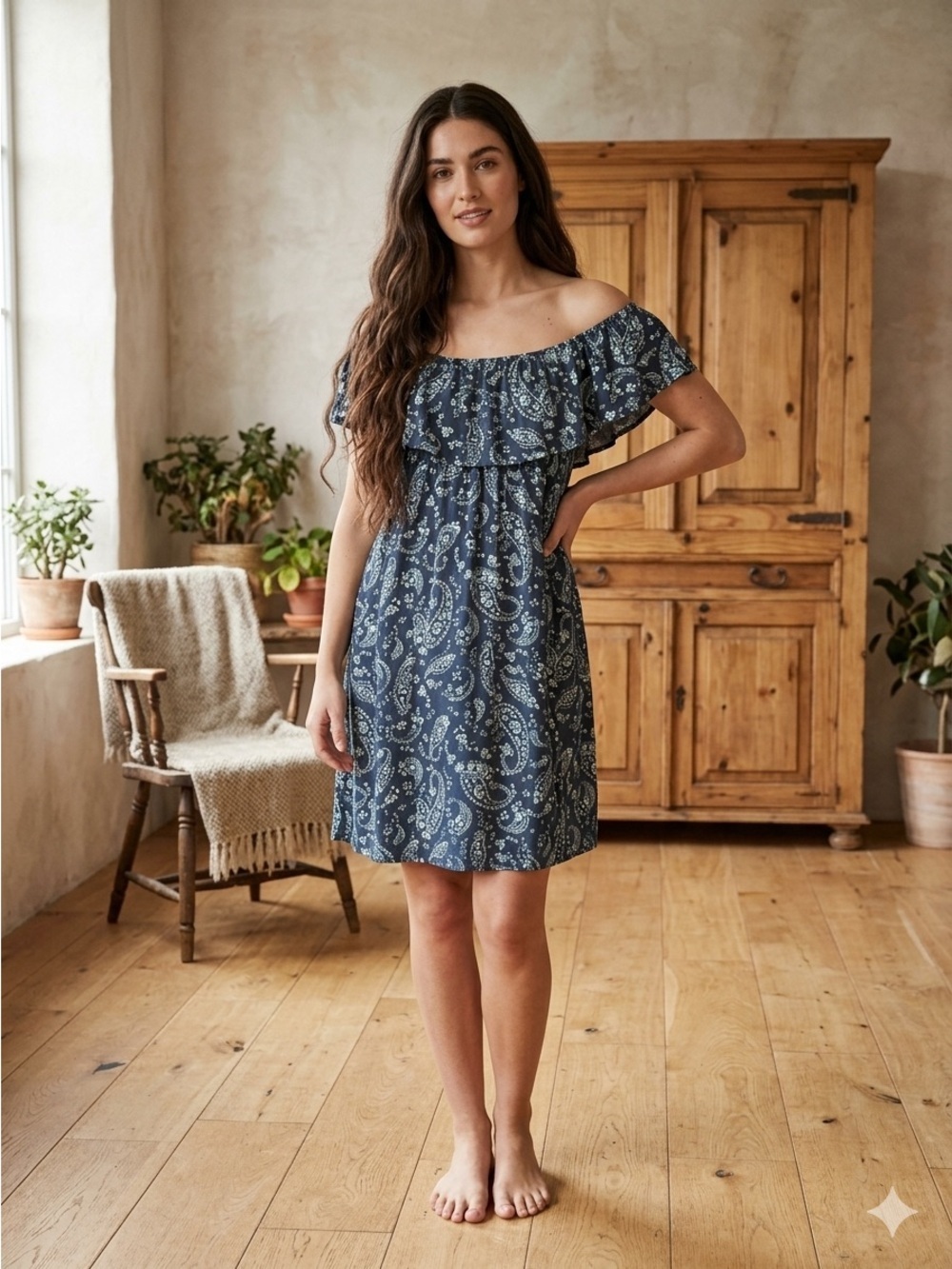 Blue Boho Paisley Off The Shoulder Flounce Neck Summer Sun Dress